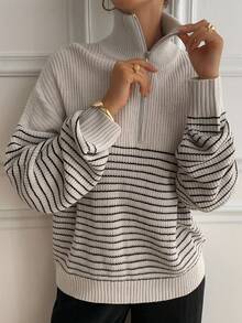 DAZY Stylish Black & White Striped Stand Collar Zip-Up Long Sleeve Sweater, Casual Oversized Pullover For Women Winter - Black and White - View 9