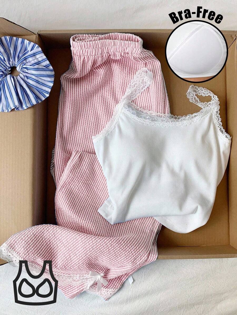 Comfortcana 2 件套女式休闲蕾丝花边吊带背心和红白条纹裤，返校季 2 件套休闲套装 - 紅白色 - 查看 1