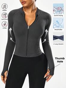 SHEIN Sports Women's Raglan Sleeve Zip Front Deep Grey Seamless Sports Jacket Cropped Workout Jacket