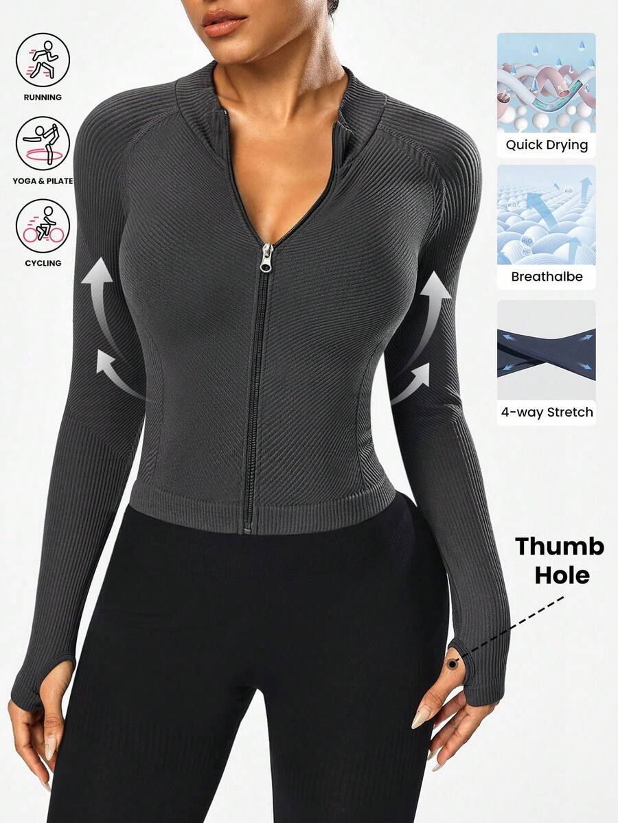 SHEIN Sports Women's Raglan Sleeve Zip Front Deep Grey Seamless Sports Jacket Cropped Workout Jacket