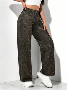SHEIN PETITE Women's Casual Fashion Street Leopard Print Loose Wide-Leg Jeans - Multicolor - View 7