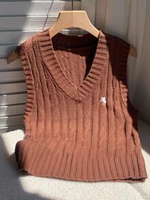 Comfortcana 女式休闲简约咖啡棕色马术图案针织毛衣背心，秋冬上衣 - 咖啡棕 - 查看 3