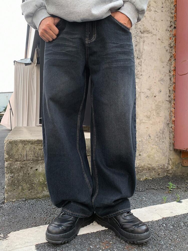Men's Distressed Washed Black & Blue Wide Leg Jeans, Street Style For Autumn