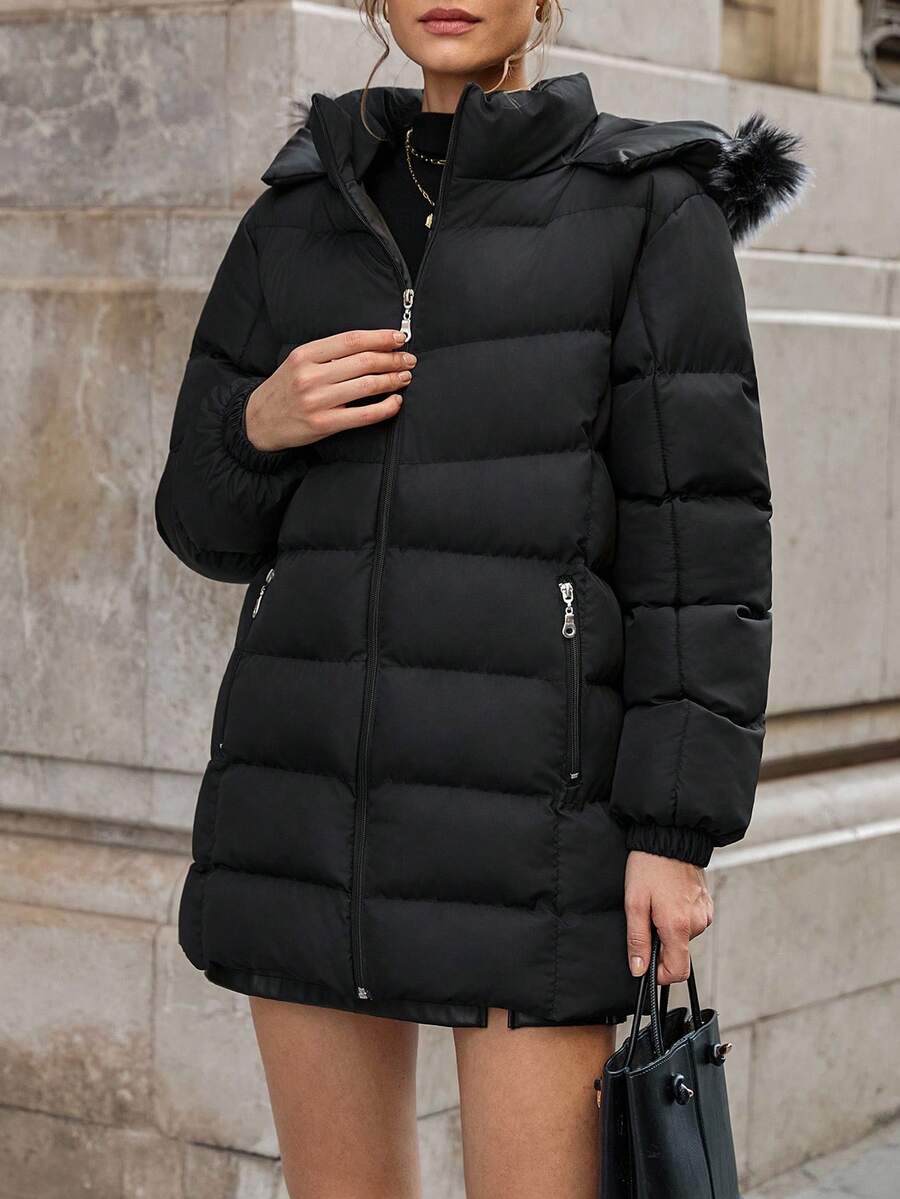 EURMUSE Zip Up Slant Pocket Padded Coat With Fuzzy Trim Fur Hood - Black - View 1