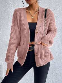 Women's Solid Color Drop Shoulder Long Sleeve Single-Breasted Casual Pocket Cardigan, Autumn,Cardigans,Petite,Tall