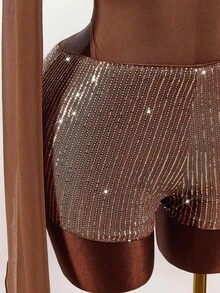 Amplova Bộ 2 món áo dài tay xếp ly màu trơn và quần short chắp vá sequin gợi cảm dành cho nữ - màu nâu - Xem 7