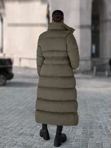 EURMUSE Zip Up Drawstring Waist Long Padded Coat - Army Green - View 2