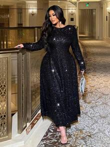 NU&NOW 大码女式纯色圆领长袖美人鱼下摆亮片装饰派对连衣裙 - 黑色 - 查看 5