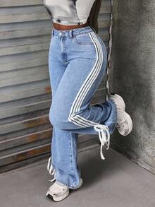 Slaydiva Plus Contrast Tape Side Knot Side Wide Leg Jeans - Blue - View 6