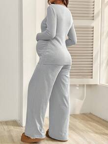 SHEIN 秋冬季两件套孕妇休闲纯色长袖上衣和裤子套装孕妇装孕妇装孕妇两件套孕妇装两件套孕妇装 - 灰色 - 查看 2