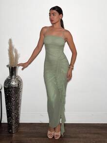 Andrea Bello Summer Elegant Romantic Sage Green Flowing Ruffled Slit Maxi Dress And Elegant Women's Mesh Bodycon Party Dress, Suitable For Valentine's Day, Date Night,, Suitable For Vacation, Beach, Music Festivals, Suitable For Spring And Summer, Suitable For Daily Dating, Night Out, Party, Gathering - Green - View 4