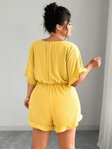 Elenzga Plus Size Women Woven Solid V-Neck Ruffle Sleeve Tie Waist Wide Leg Jumpsuit, Casual Holiday - Pale Yellow - View 2
