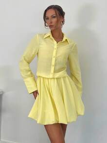 SHEIN Essnce 2 件套女士清爽柠檬黄泡泡裙和透明衬衫套装，夏季 - 黃色 - 查看 5