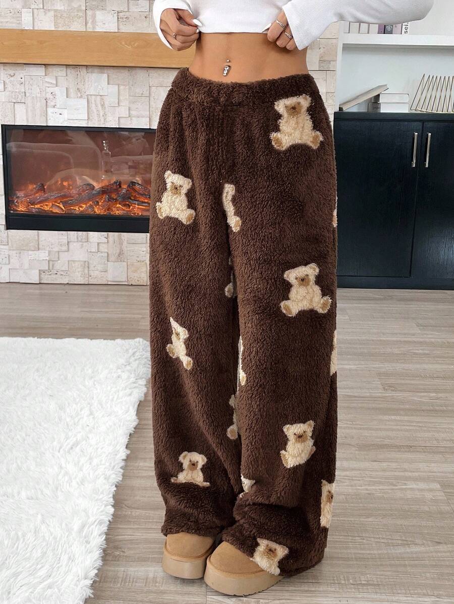 SLAYR Tween Girl Tween Girl Casual Cartoon Bear Pattern Drawstring Waist Teddy Fleece Long Pants, Autumn/Winter Fall Brown Pants Lounge Pants Teddy Bear Pants Fuzzy Pants