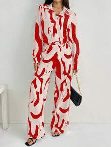 EMERY ROSE Bộ đồ 2 món tay dài họa tiết hoa hình học đen trắng thanh lịch, thoải mái khi đi làm trở lại trường dành cho nữ - Đỏ - Xem 4