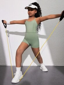 SHEIN Tween Girls Casual Fitted Sleeveless Hollow Back Sports Top - Green - View 2