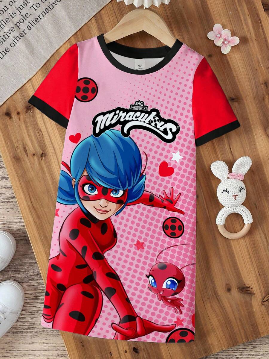 Miraculous Ladybug X SHEIN Young Girl Cartoon Figure Graphic Round Neck Dress - White - View 1