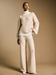 Poéselle Women's Contrast Color Trim Knot Casual Sweater Pants,Beige Autumn Lounge Soft Knit Oversized Neutral Vintage Knitwear,Elegant Cozy Fall Layer - Khaki - View 6