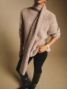 Poéselle Women's Taupe Elegant Chunky Knit Sweater With Removable Scarf,Autumn Cozy 2-In-1 Oversized Turtleneck Pullover,Old Money Style Brunch Soft Jumper - Brown - View 1