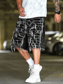 Manfinity Roughcore Men's Loose Fit Casual Straight Leg Denim Shorts With Pockets Punk Y2K Acid Washed Grey For Slim-Fit Party Gothic Men Shorts - Dark Grey - View 5