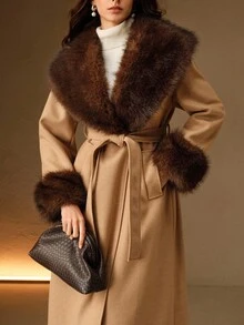 Anewsta Áo khoác dài dáng rộng thoải mái cho nữ, cổ lông giả, áo khoác ngoài mùa đông - Lạc đà - Xem 8