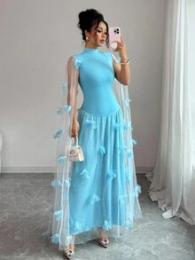 Rafferiza Women's Elegant Summer Light Blue Floral Mesh Mermaid Dress, Long Party Dress For Wedding Guest Dinner,Holiday Vacay Vibes Fall Outfits - Blue - View 4
