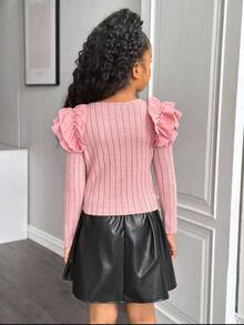 2pcs/Set Girls Elegant Pink Ruffled Pearl Decor Long Sleeve Ribbed Knit Top And PU Elastic Waist Skirt Set,Autumn Country Concert Outings Gatherings - Pink - View 2