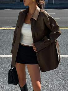 DAZY Vintage Lapel PU Leather Jacket, High-Quality Cinched Waist Waist Mid-Length Regular Coat Fall/Winter - Brown - View 6