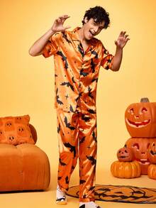 Notgurli 2 szt. zabawny nadruk graficzny na Halloween, rodzic-dziecko, impreza rodzinna, duch, dynia, kołnierz, spodnie z krótkim rękawem, wygodny domowy, miękki, bawełniany, satynowy zestaw piżamowy dla mężczyzn - Czarne - Zobacz 4