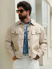 DAZY 秋冬PU面料图案纽扣卡其色男士夹克和外套 - 卡其色 - 查看 4