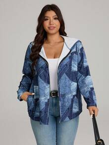 Comfylo Quần áo mùa đông cỡ lớn mùa thu thường ngày vá & áo khoác hoodie màu xanh in có khóa kéo có túi - Nhiều màu - Xem 7