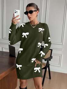 EURMUSE Váy len trễ vai họa tiết nơ thanh lịch dành cho nữ, Thu/Đông - xanh quân đội - Xem 4