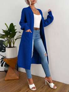 EURMUSE Áo khoác cardigan dài tay trơn, trang phục thường ngày giản dị, áo khoác cardigan màu đỏ tía, áo khoác cardigan dài dành cho nữ, áo len cardigan dài - Xanh đậm - Xem 6