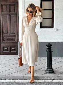 SHEIN Frenchy 女士优雅纯色长袖中长连衣裙，适合通勤 - 杏色 - 查看 7