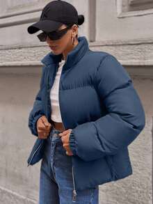 EURMUSE Short Padded Jacket In A Plain Design, Contrast Metal Colour Zipper - Dusty Blue - View 7