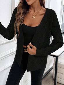 EMERY ROSE Casual Comfortable Hollow Diamond Pattern Cardigan For Women - Black - View 4