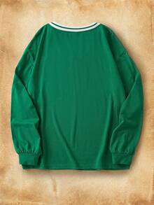 HARRY POTTER X SHEIN Women's Letter & Striped Pattern V-Neck Long Sleeve T-Shirt Green Jersey Green Shirt - Green - View 3