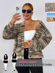 SHEIN PETITE CURVE Plus Size Plus Size Textured Cardigan Casual Y2k 90's Stripe Knit, Suitable For Autumn And Winter Plus Size Cardigan Petite Cardigan Curve Cardigan Knit Cardigan Fuzzy Knit Cardigan Fall - Multicolor - View 1