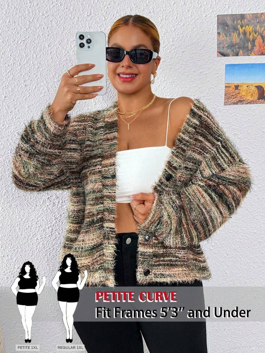 SHEIN PETITE CURVE Plus Size Plus Size Textured Cardigan Casual Y2k 90's Stripe Knit, Suitable For Autumn And Winter Plus Size Cardigan Petite Cardigan Curve Cardigan Knit Cardigan Fuzzy Knit Cardigan Fall - Multicolor - View 1