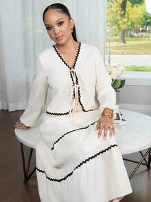 Melissa Matos 2 chiếc/bộ váy & chân váy xếp nếp tay đèn lồng phong cách Pháp thanh lịch - Màu be - Xem 6