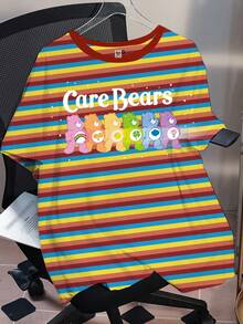 SHEIN X Care Bears Áo thun ngắn tay kẻ sọc in hình gấu hoạt hình cỡ lớn mùa hè, áo cầu vồng, áo cầu vồng chủ đề cầu vồng mùa thu - Nhiều màu - Xem 2