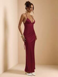 SHEIN BAE 杏色和白色深V领细肩带超长露背系带缎面鱼尾裙，优雅连衣裙，度假连衣裙，伴娘裙，生日派对连衣裙，毕业礼服，白色连衣裙 - 酒紅色 - 查看 6