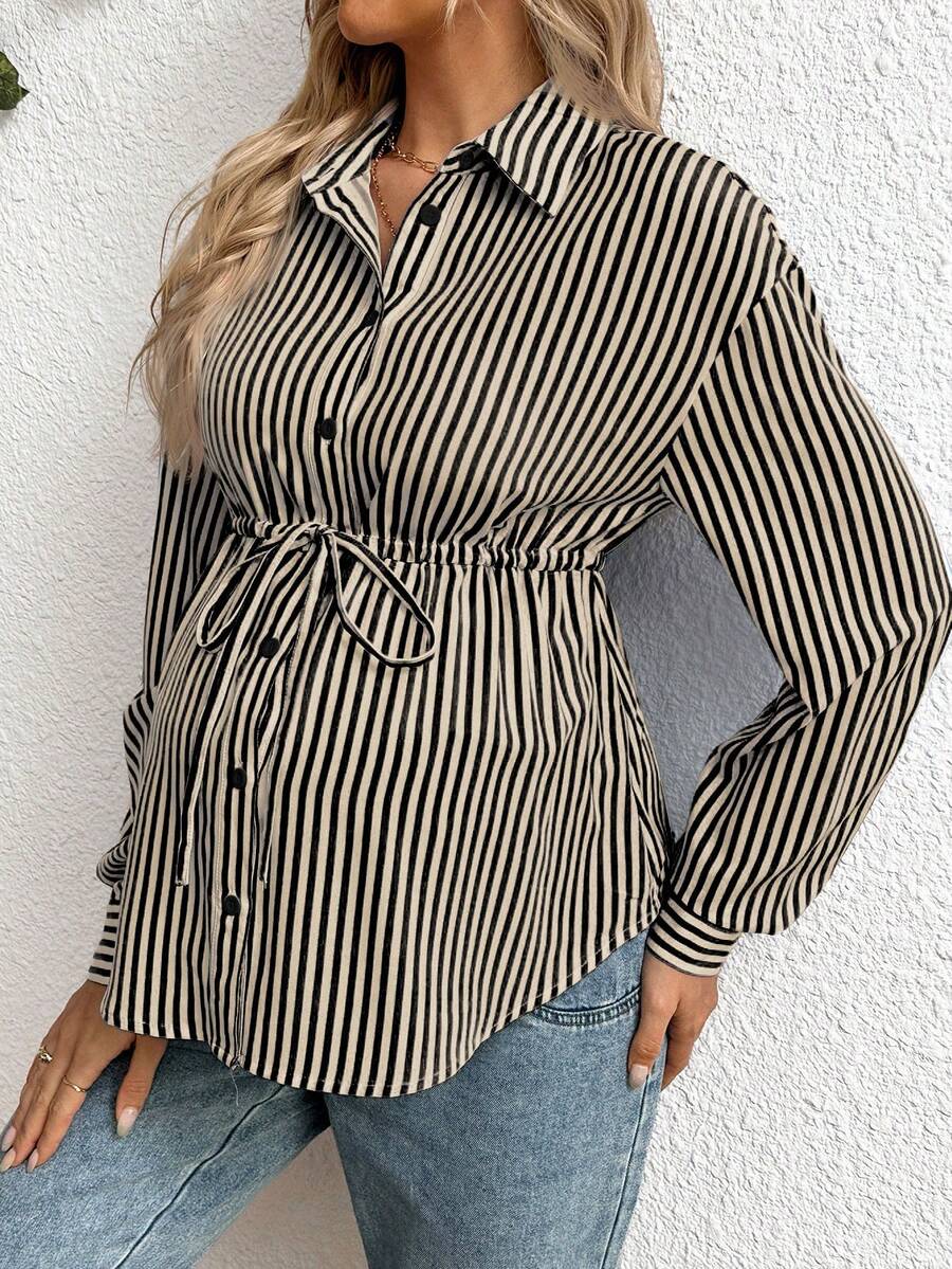 SHEIN 条纹休闲孕妇长袖抽绳腰衬衫 - 黑色 - 查看 1