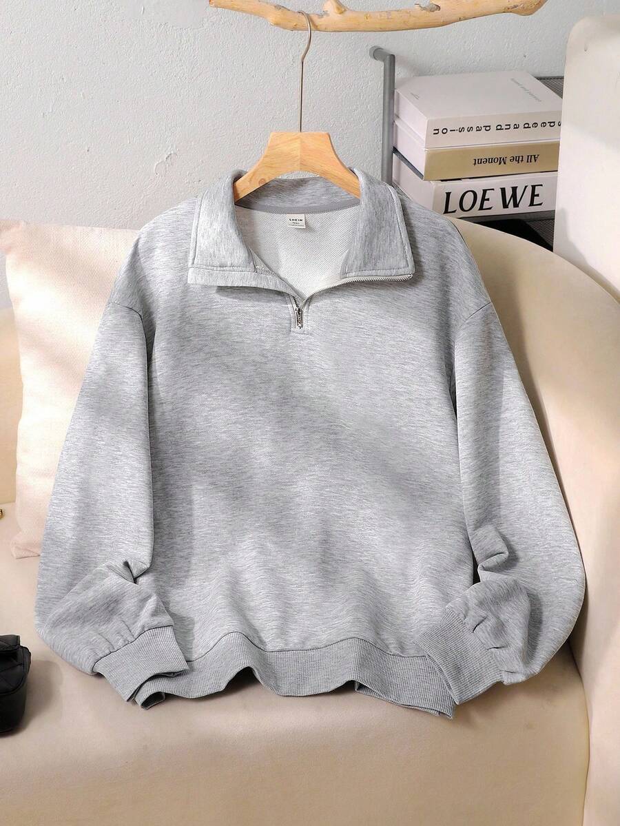 SHEIN 少女休闲基本款简约保暖内衬宽松大码半拉链高领运动衫，麻灰色，秋冬 - 淺灰色 - 查看 1