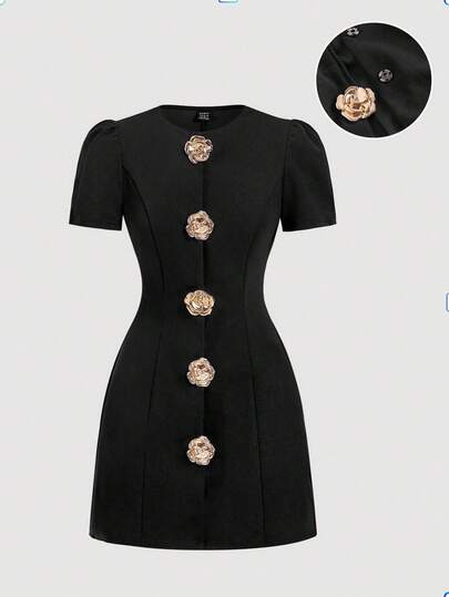 SHEIN MOD Vestido elegante con mangas cortas abullonadas y decoración de flor de metal retro, adecuado para citas, fiestas, vacaciones, té, cumpleaños, uso en la oficina y para ir al trabajo