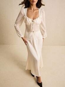 Poéselle 女士优雅半透明长袖衬衫和长裙两件套 - 香檳色 - 查看 7