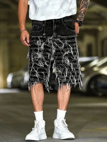 Manfinity Roughcore Men's Loose Fit Casual Straight Leg Denim Shorts With Pockets Punk Y2K Acid Washed Grey For Slim-Fit Party Gothic Men Shorts - Dark Grey - View 3