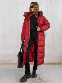 EURMUSE Women's Long Quilted Padded Coat With Faux Fur Trim Hood And Waist Drawstring, Warm Winter Outerwear, Waterproof Fabric Long Jacket For Women Winter Coat Women Long Coat Women Coats Outerwear Women - Burgundy - View 4