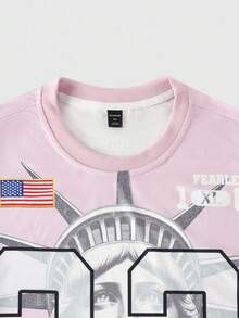 ROMWE MEN Prep Men's Religious Printed Long Sleeve T-Shirt, Loose Cropped Style, 2000s Style, Fall - Pink - View 3