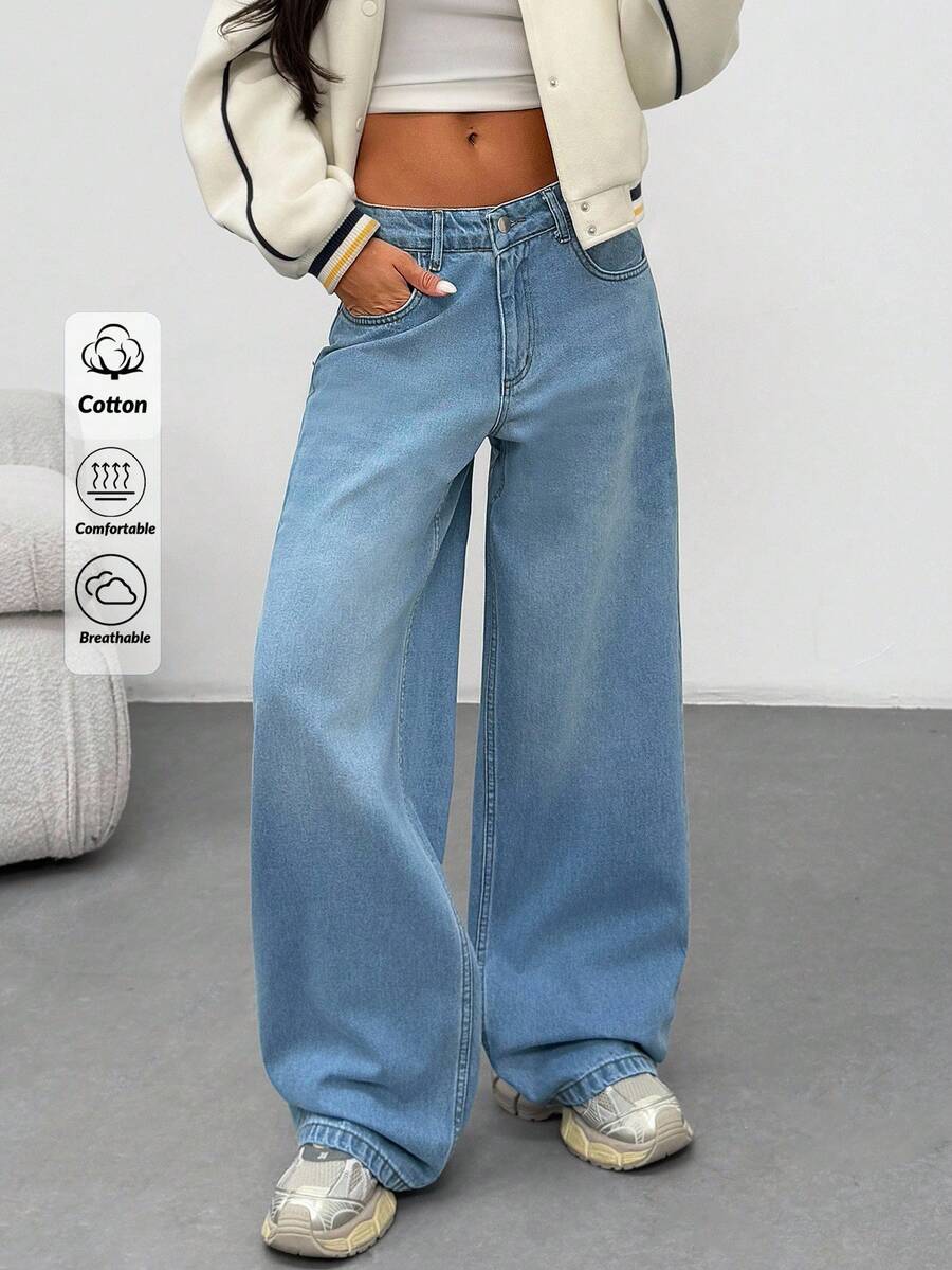 EURMUSE JEAN TAILLE BASSE STYLE CASUAL JAMBE ÉVASÉE - Jean bleu - Voir 1